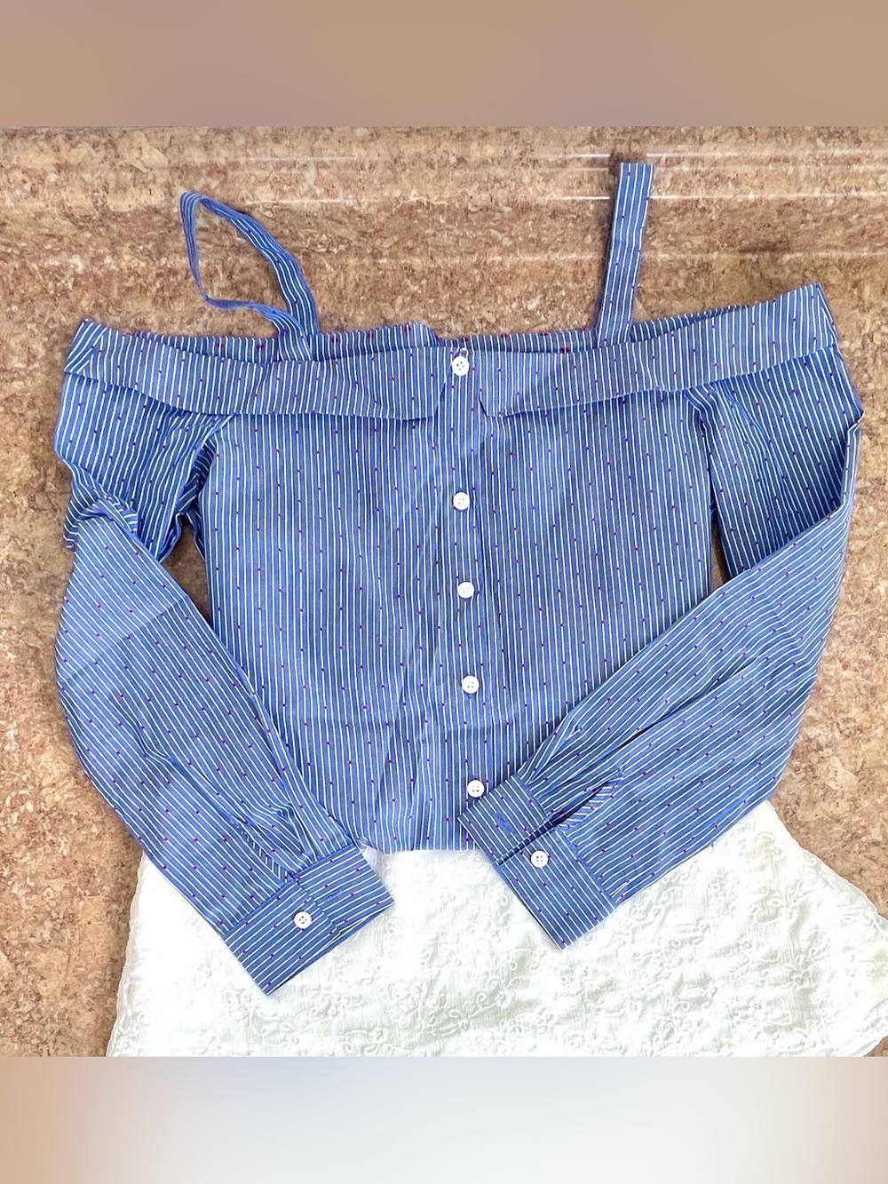 BCBGeneration Blue Striped Off-Shoulder Button-Down Top